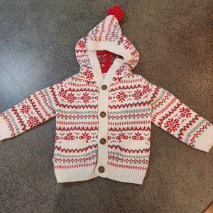 Gymboree 3/6 Month Fair Isle Sweater Hoodie Long Sleeve Buttons Red White Winter
